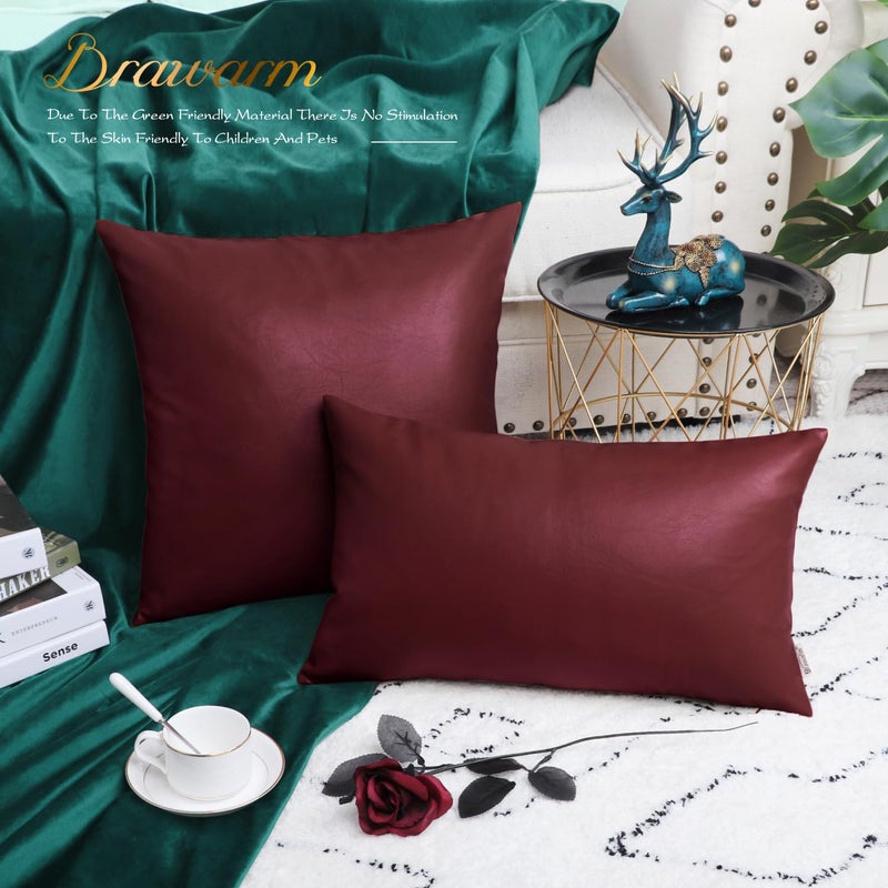 BRAWARM Faux Leather Throw Pillow Covers 20 X 20 Inches - Burgundy Leather Pilow Covers Pack of 2, Solid Dyed Leather Pillowcases for Couch Bed Sofa Garden Home Decorative - Image 4